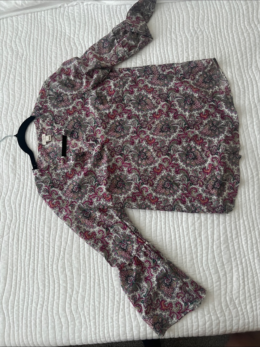 J. Crew Paisley Bell Sleeve Crewneck Sweater in Pink and Gray